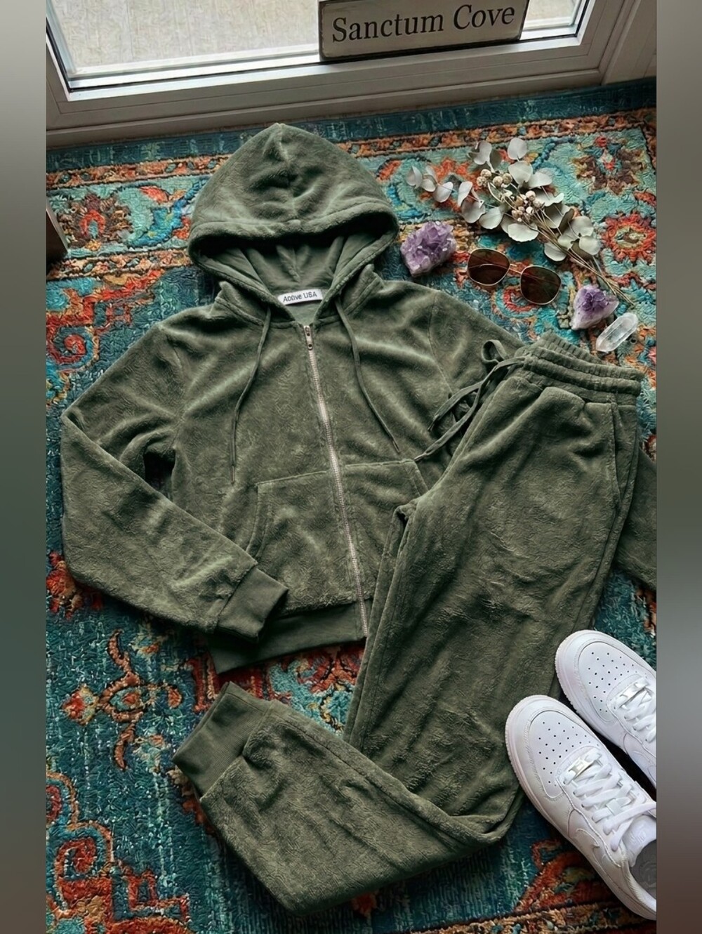 Plush Teddy Fleece Lounge Full Zip Hoodie & Jogger Set / Dark Sage